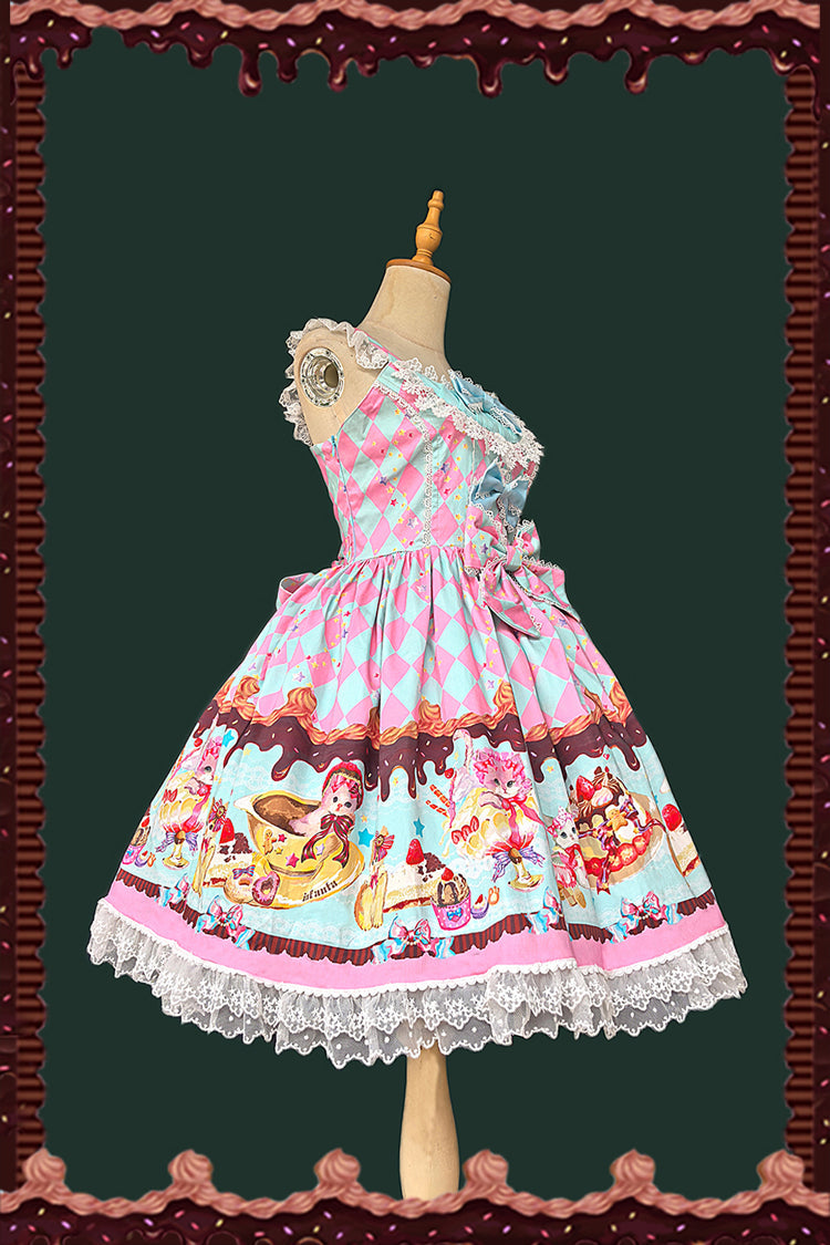 Cream Meow Sleeveless Print Bowknot Lace Sweet Lolita Jsk Dress 3 Colors