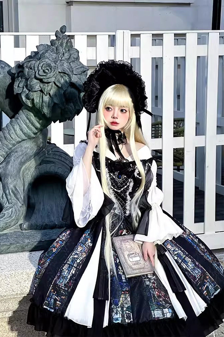 Black Stained Window Print Ruffle Bowknot Gothic Elegant Lolita Jsk Dress