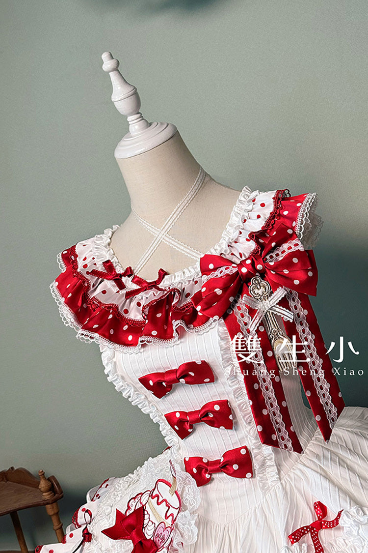 Red/White Twin Bears Sleeveless Triple-Layered Print Ruffle Bowknot Lace Sweet Lolita Jsk Dress
