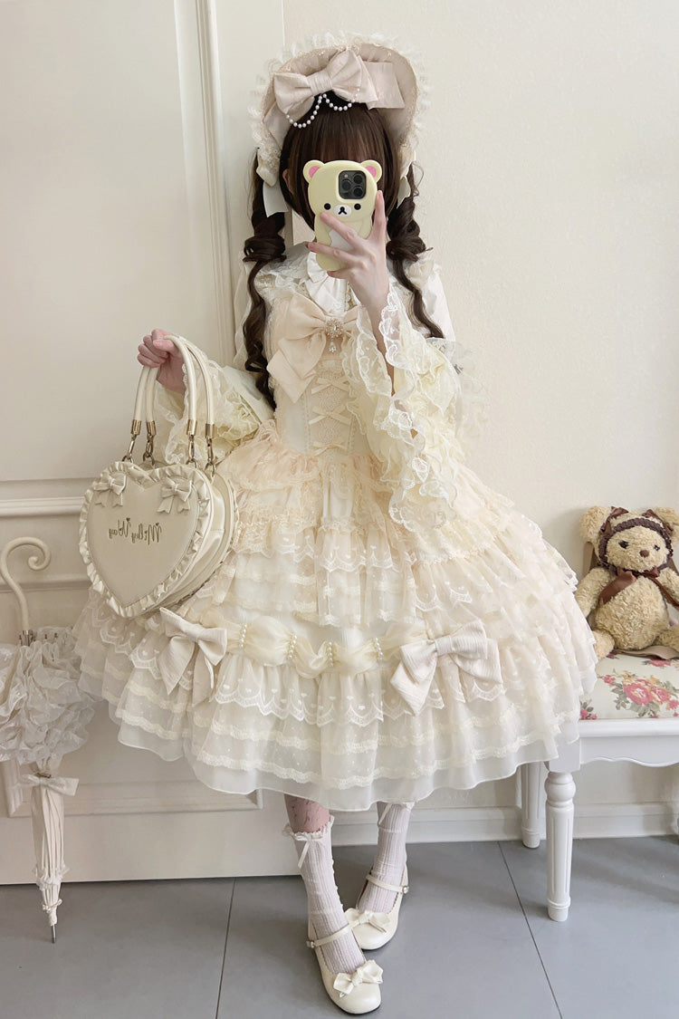 Beige Dream Prologue Doll Multi-Layered Bowknot Lace Sweet Princess Lolita Dress