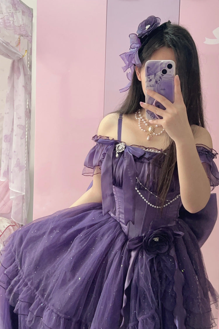 Purple Bright Stars Off Shoulder Ruffle Bowknot Asymmetric Sweet Elegant Princess Lolita Dress