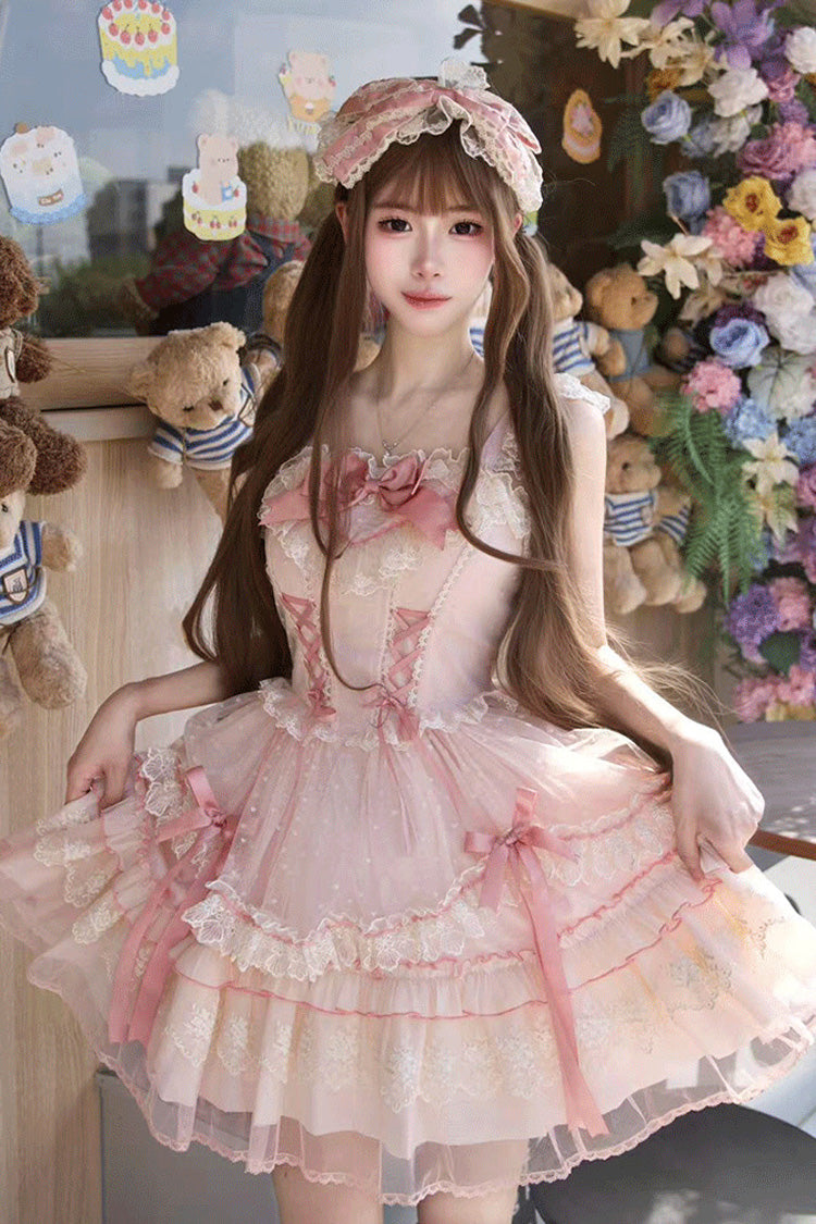 Pink Candy House Sleeveless Ruffle Bowknot Lace Lace-Up Sweet Lolita Jsk Dress