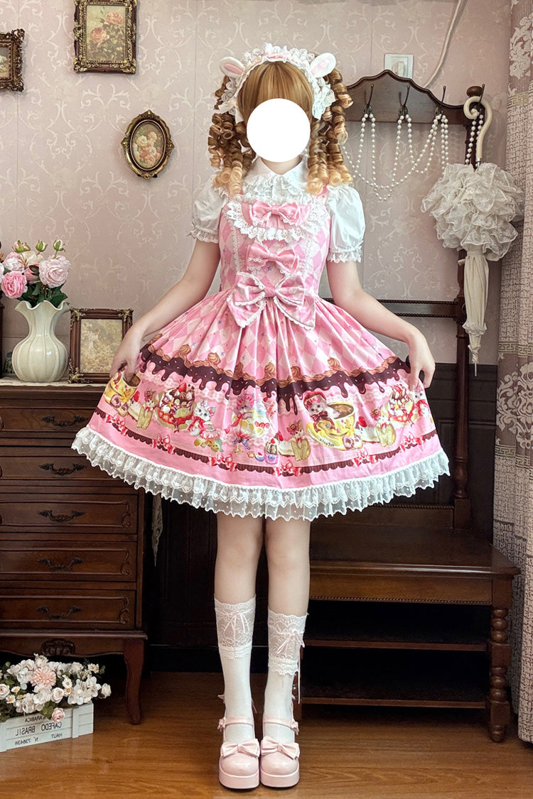 Cream Meow Sleeveless Print Bowknot Lace Sweet Lolita Jsk Dress 3 Colors