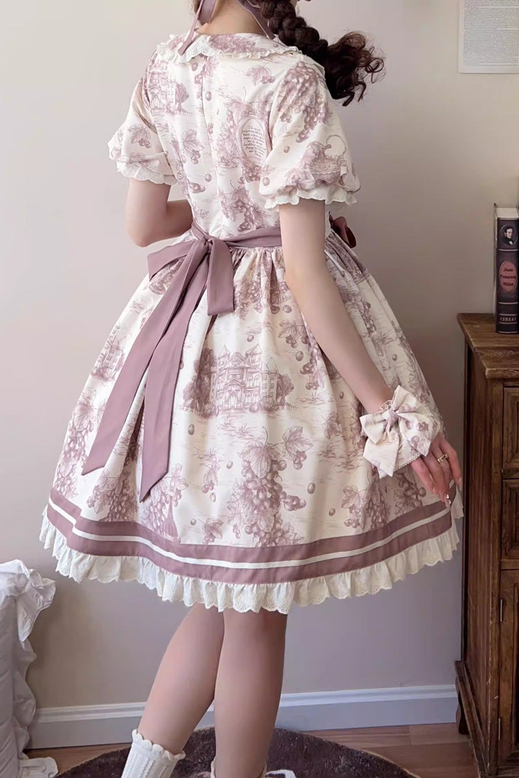 Smoky Purple Grape Moon Almanac Short Sleeves Multi-Layered Printed Ruffled Bow Sweet Lolita Dress