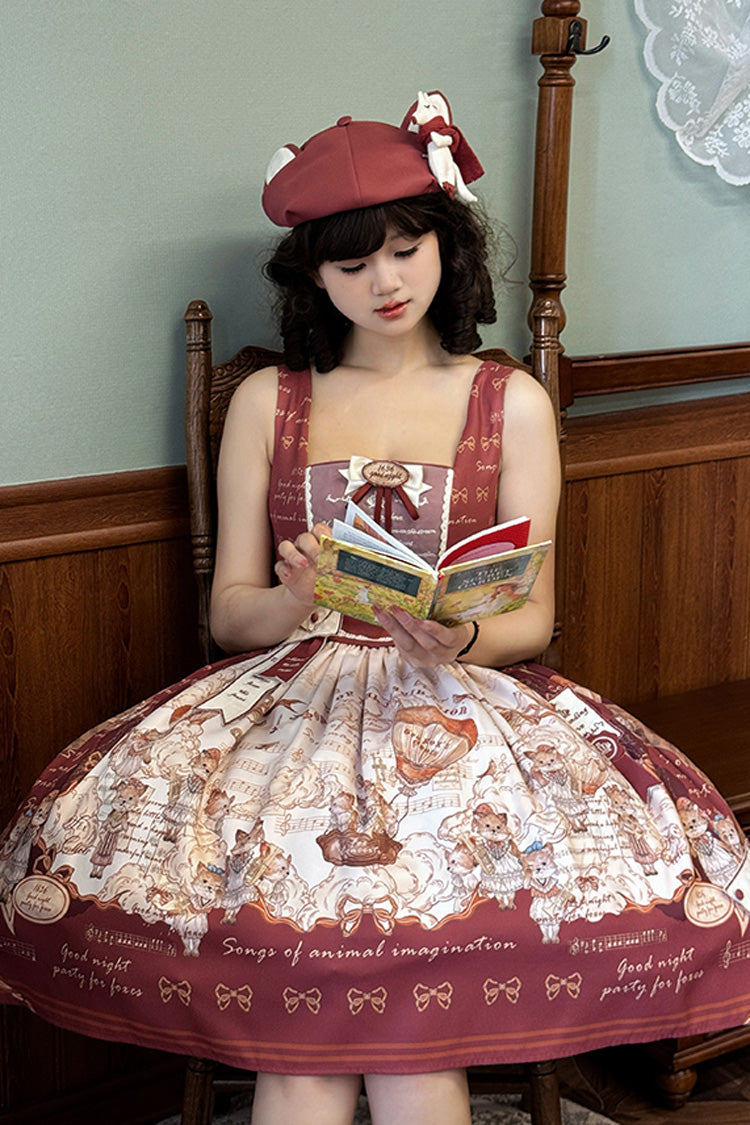 Wine Red Fox Band Print Square Collar Bowknot Classic Lolita Jumper Dress