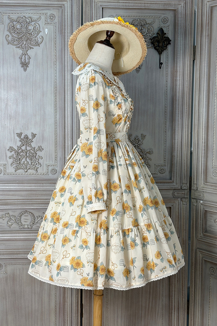 Apricot Gardening Sunflower Long Sleeves Print Ruffle Bowknot Sweet Elegant Lolita Dress