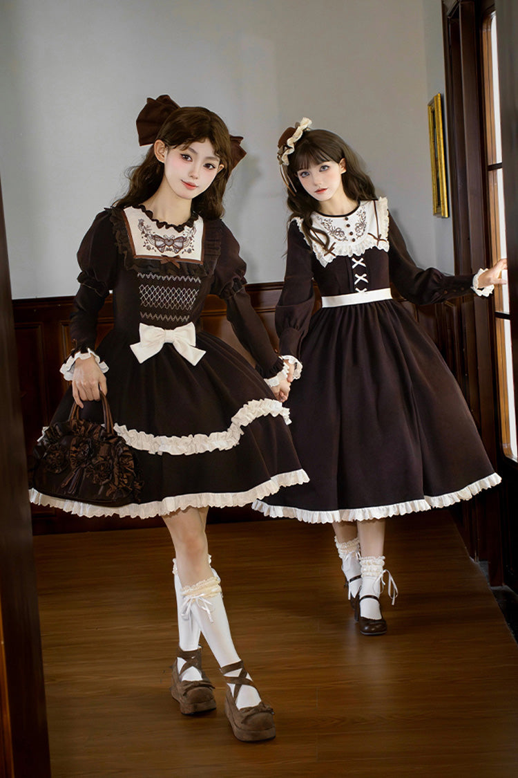 Brown Miss Brown Long Sleeves Double-Layered Ruffle Bouquet Embroidery Bowknot Sweet Lolita Dress (Short Version)
