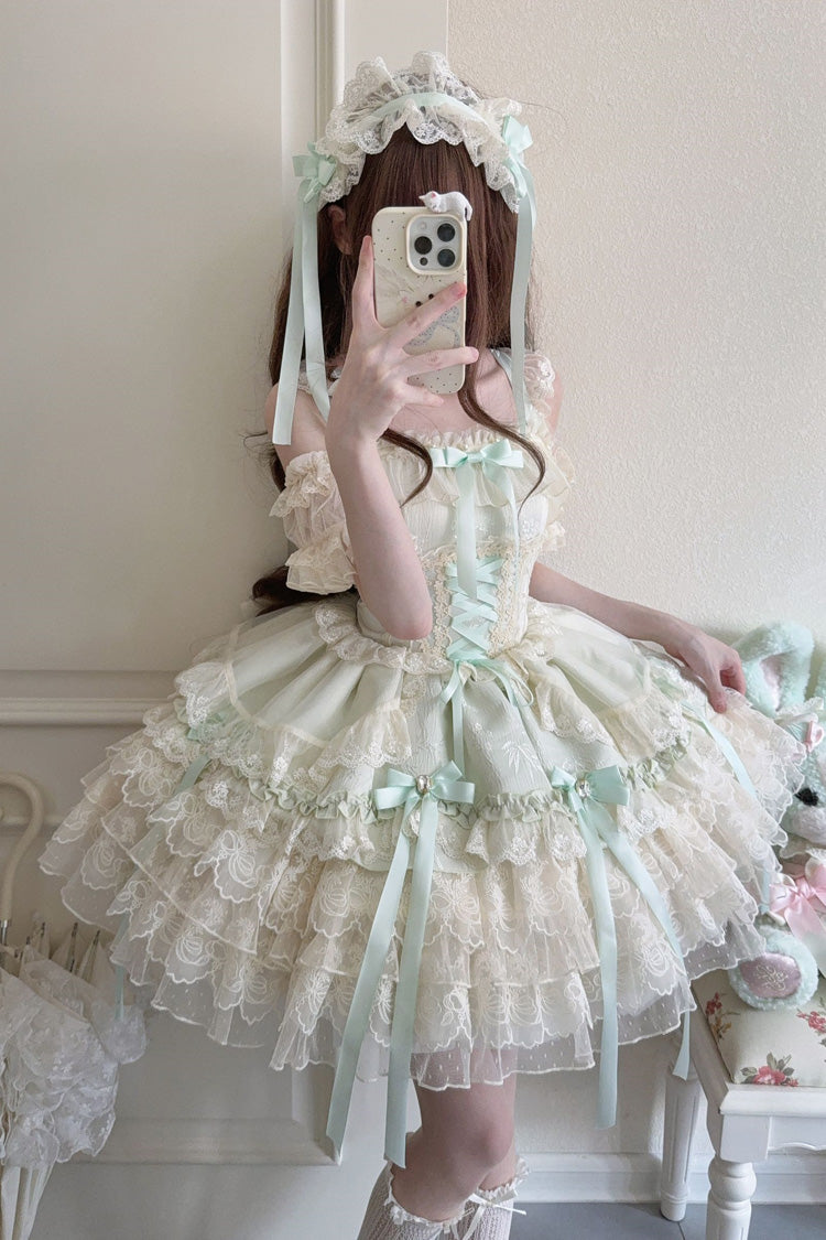 Green Ribbon Heart Love Sleeveless Multi-Layered Ruffle Bowknot Lace Lace-Up Sweet Princess Ballet Lolita Jsk Dress