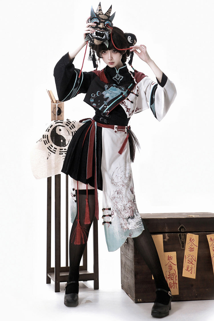 Multi-Color Walking With The Demon Print Asymmetric Gothic Chinese Style Ouji Lolita Skirt