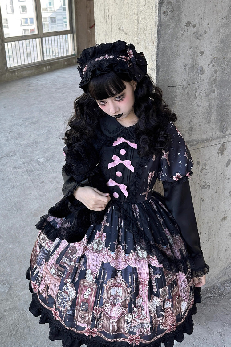 Black The Case of the Missing Lamb Print Long Sleeves Ruffle Bowknot Lace Gothic Lolita Dress