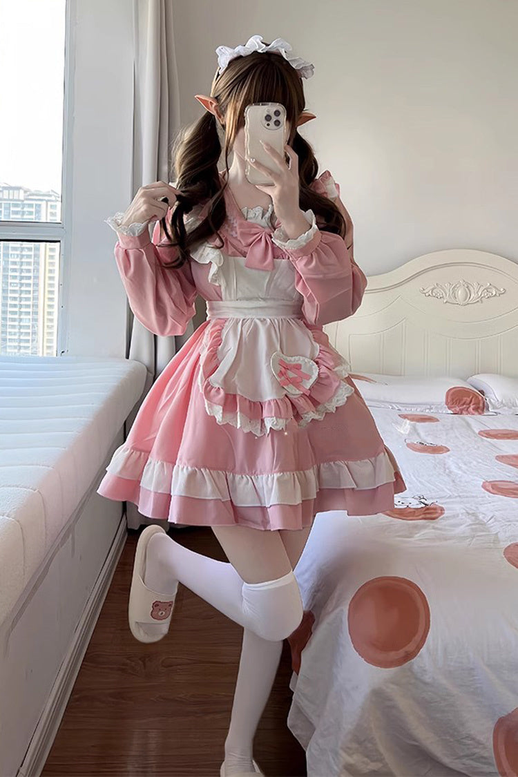Pink Maid Long Sleeves Ruffle Bowknot Sailor Sweet Plus Size Lolita Dress Full Set