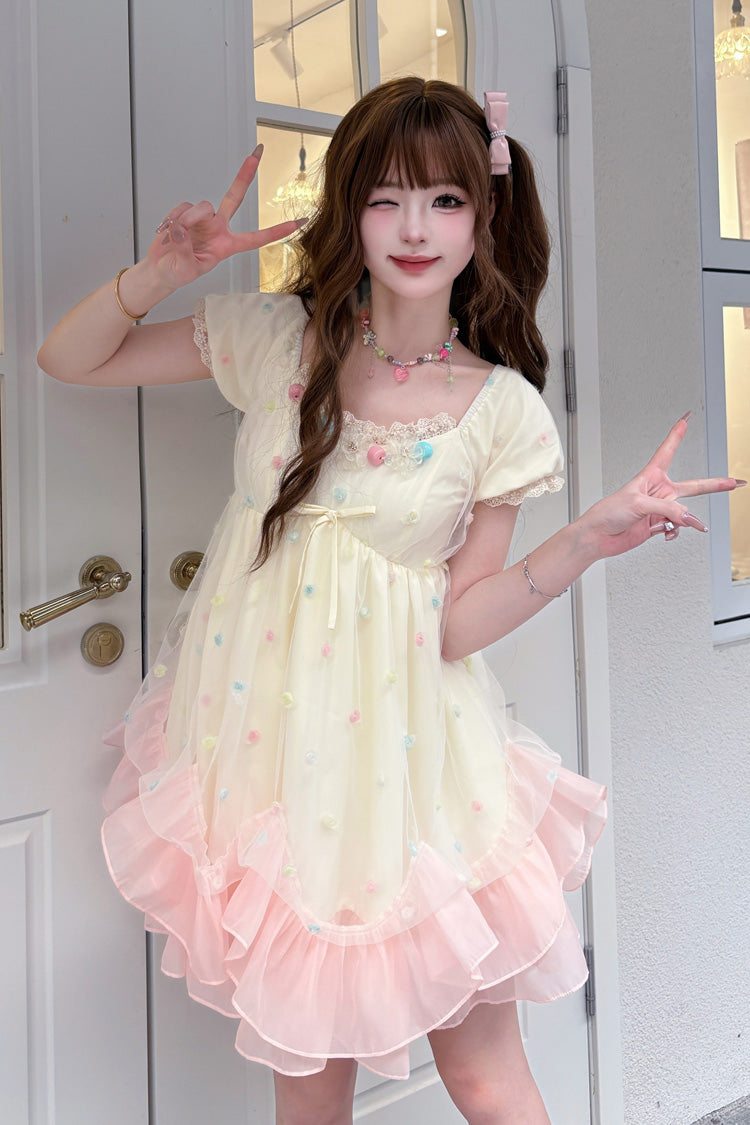 Apricot/Pink Bubble Lover Short Puff Sleeves Multi-Layered Ruffle Lace Sweet Princess Lolita Dress
