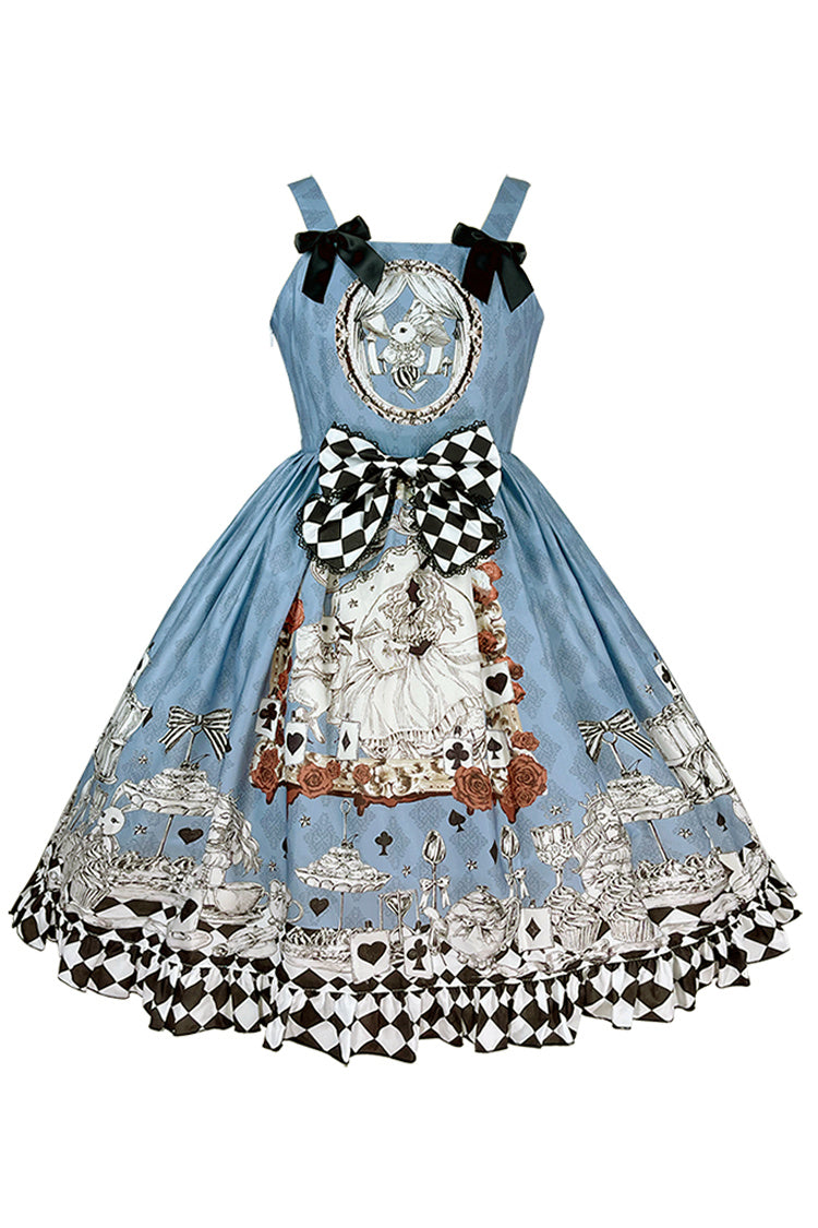 Multi-Color Blue Alice Bunny and Princess Party Print Sleeveless Bowknot Classic Gothic Lolita JSK Dress