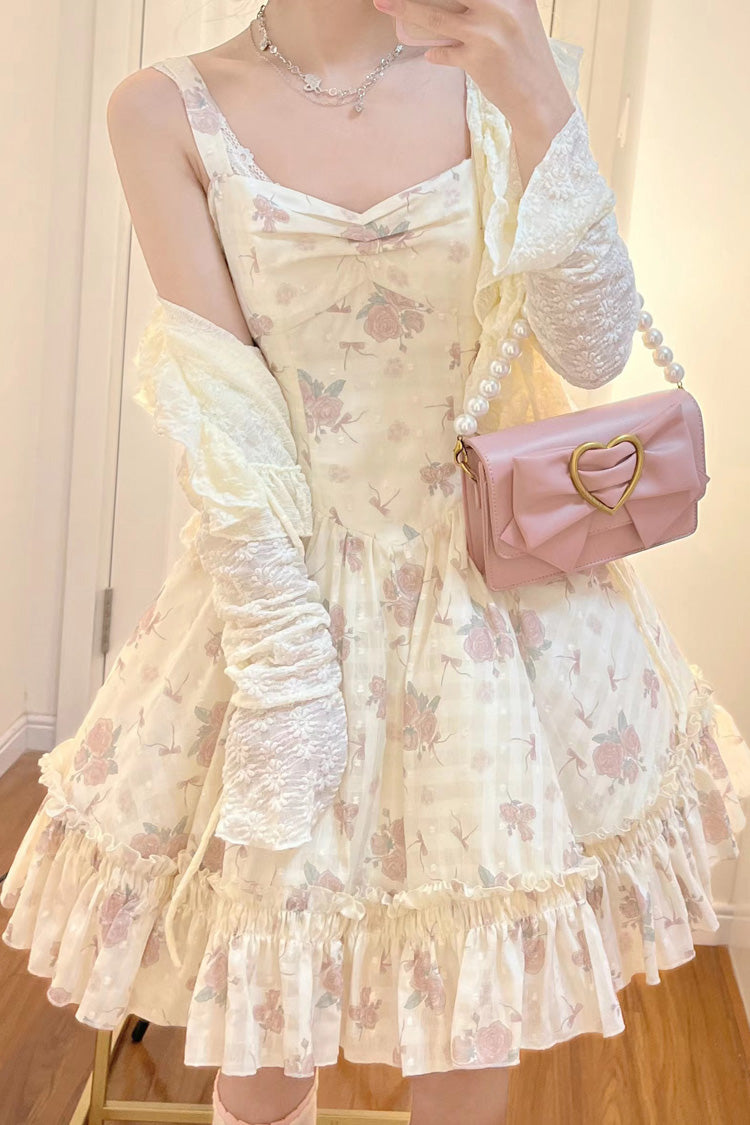 Pink Oblique Shoulder Print Ruffle Bowknot Lace Sweet Lolita Jsk Dress Set