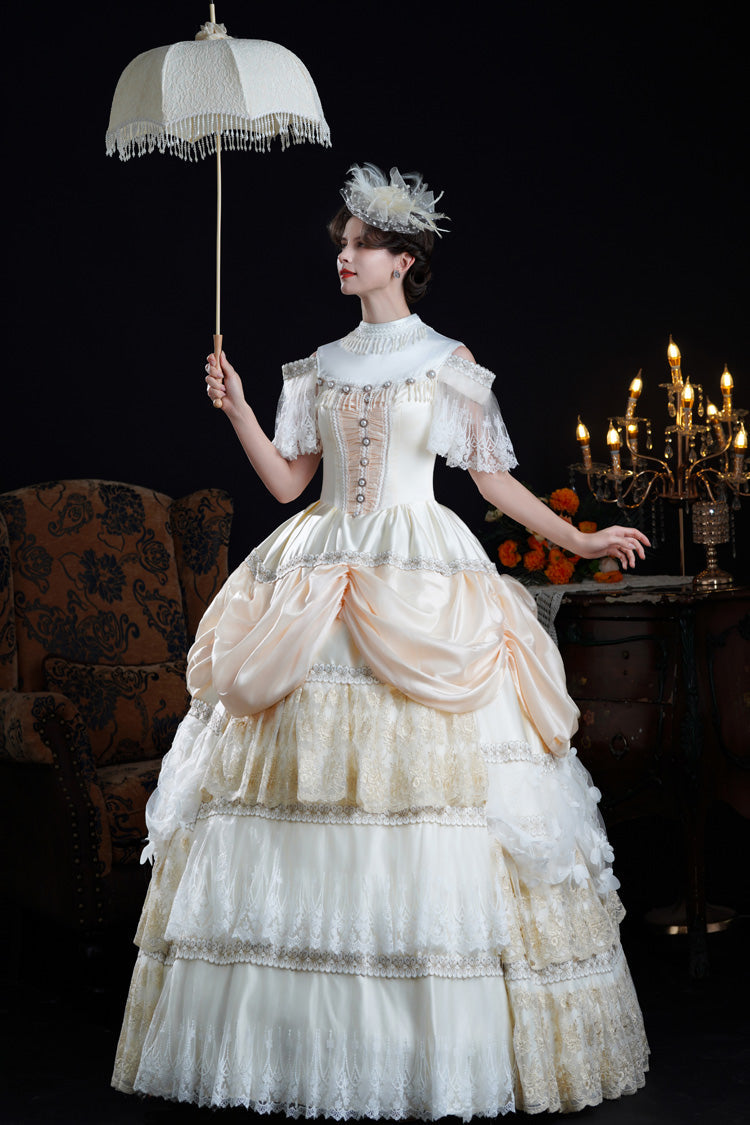 Champagne Stand Collar Multi-Layered Ruffled Lace Classic Vintage Palace Victorian Lolita Dress