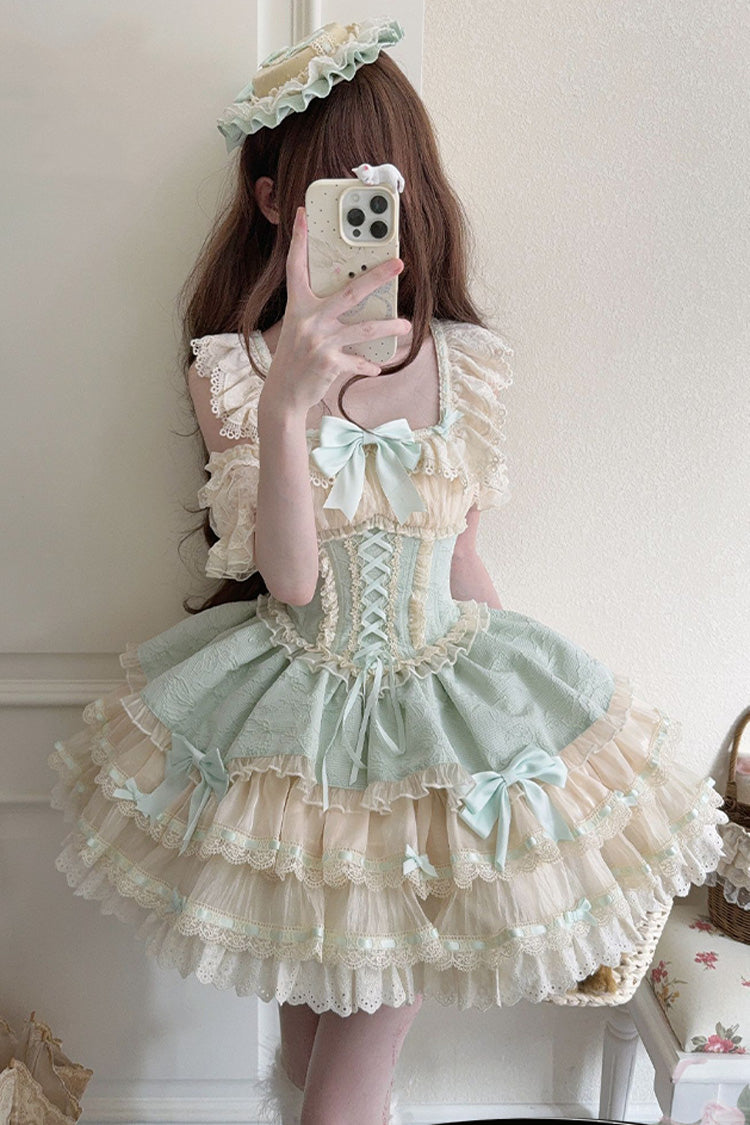 Green Flory Butterfly Double-Layered Ruffle Bowknot Lace Lace-Up Sweet Ballet Lolita Jsk Dress