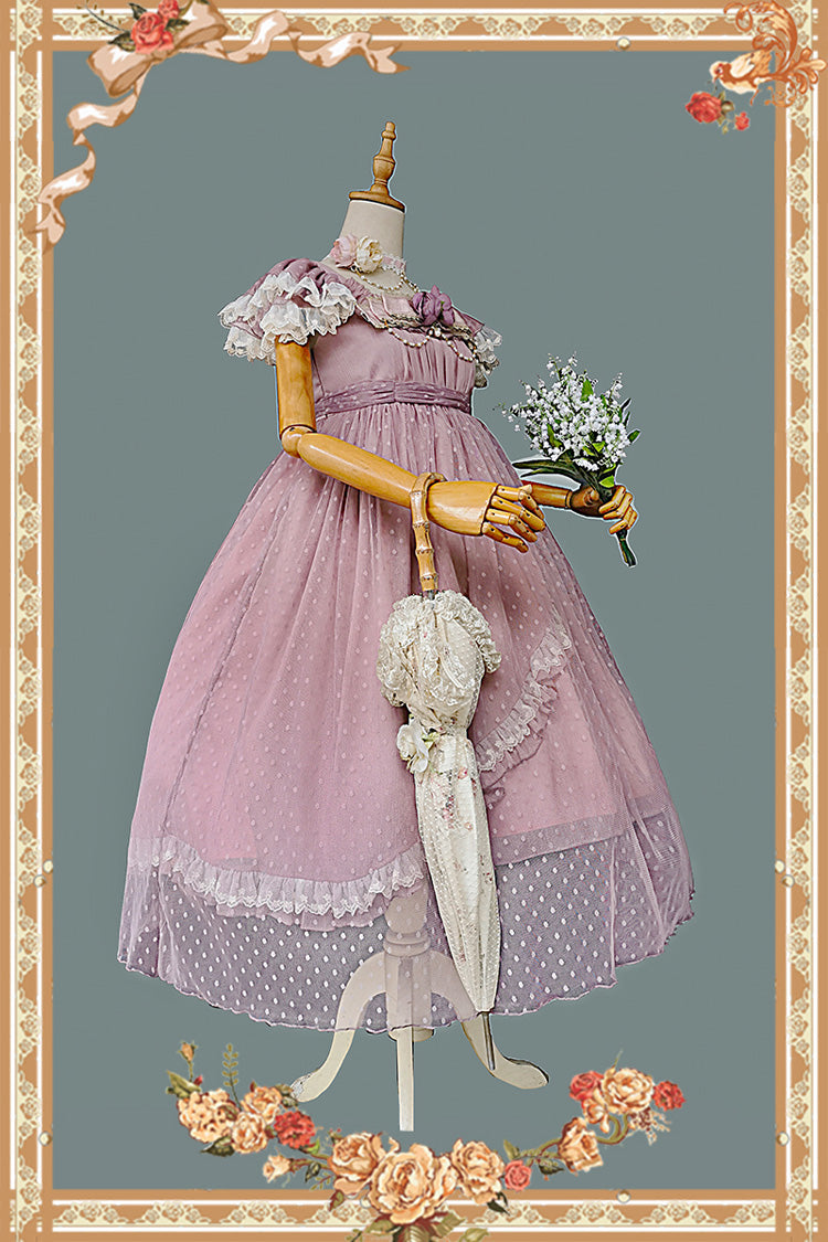 Pink Moon goddess *Mediana* Polka Dot Print Ruffle Bowknot Asymmetric Sweet Elegant Lolita Dress