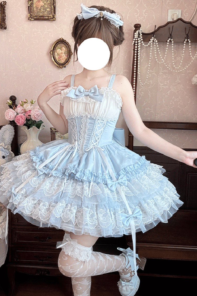 Blue Dance of Time Sleeveless Triple-Layered Ruffle Bowknot Lace Lace-Up Sweet Ballet Lolita Jsk Dress