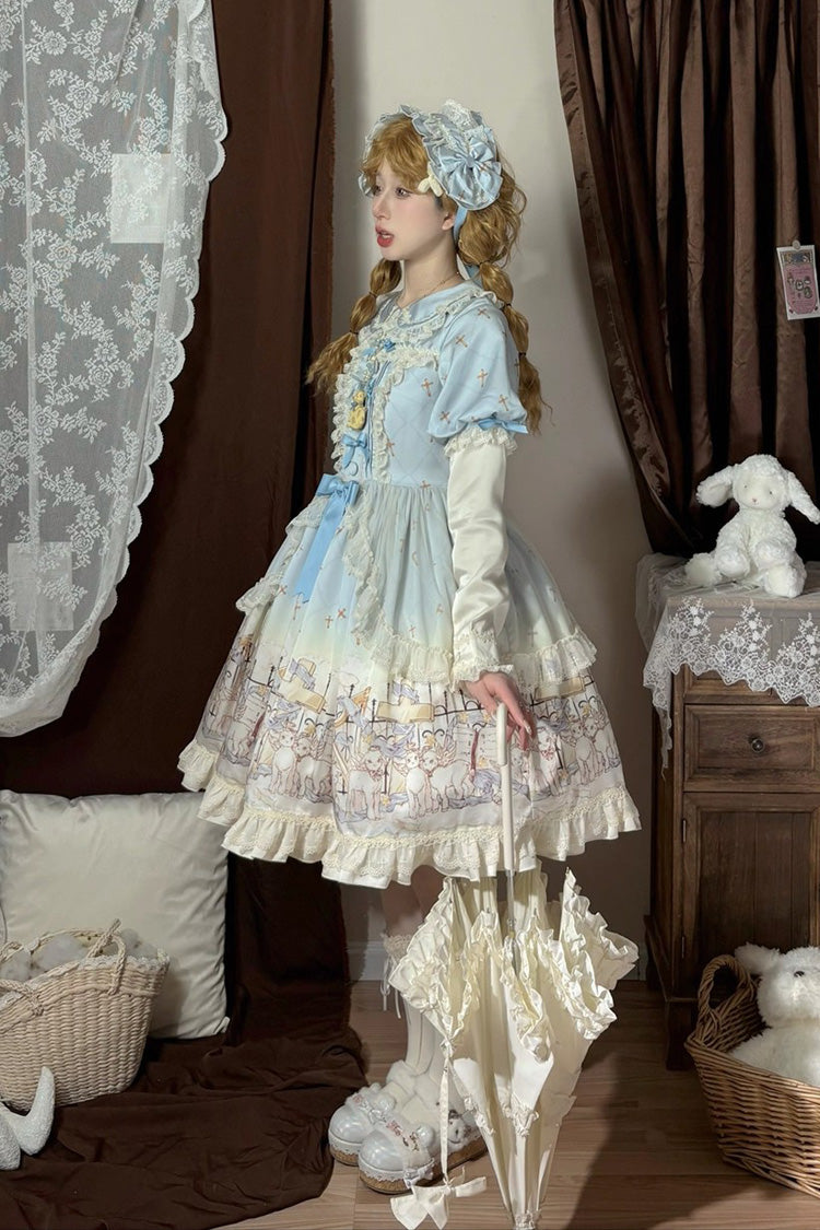 Blue Angel Lamb Lapel Collar Short Sleeves Printed Ruffled Bow Sweet Lolita Dress