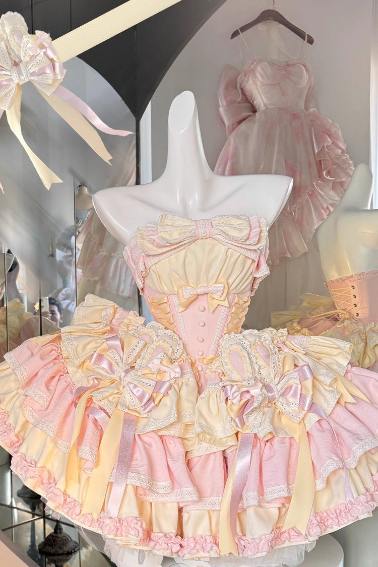 Ribbon Dance Multi-Layered Ruffle Bowknot Lace-Up Sweet Princess Lolita Dress 3 Colors
