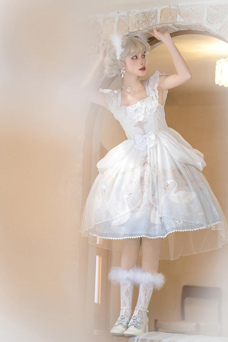 White/Blue Flower and Letter Swan Lake Print Ruffle Bowknot Elegant Lolita Jsk Dress