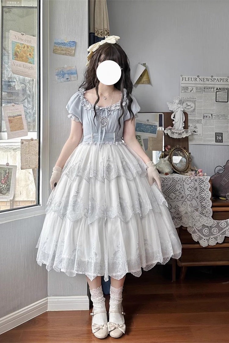 Light Blue Flower Promise Short Sleeves Multi-layer Print Sweet Elegant Princess Lolita Dress