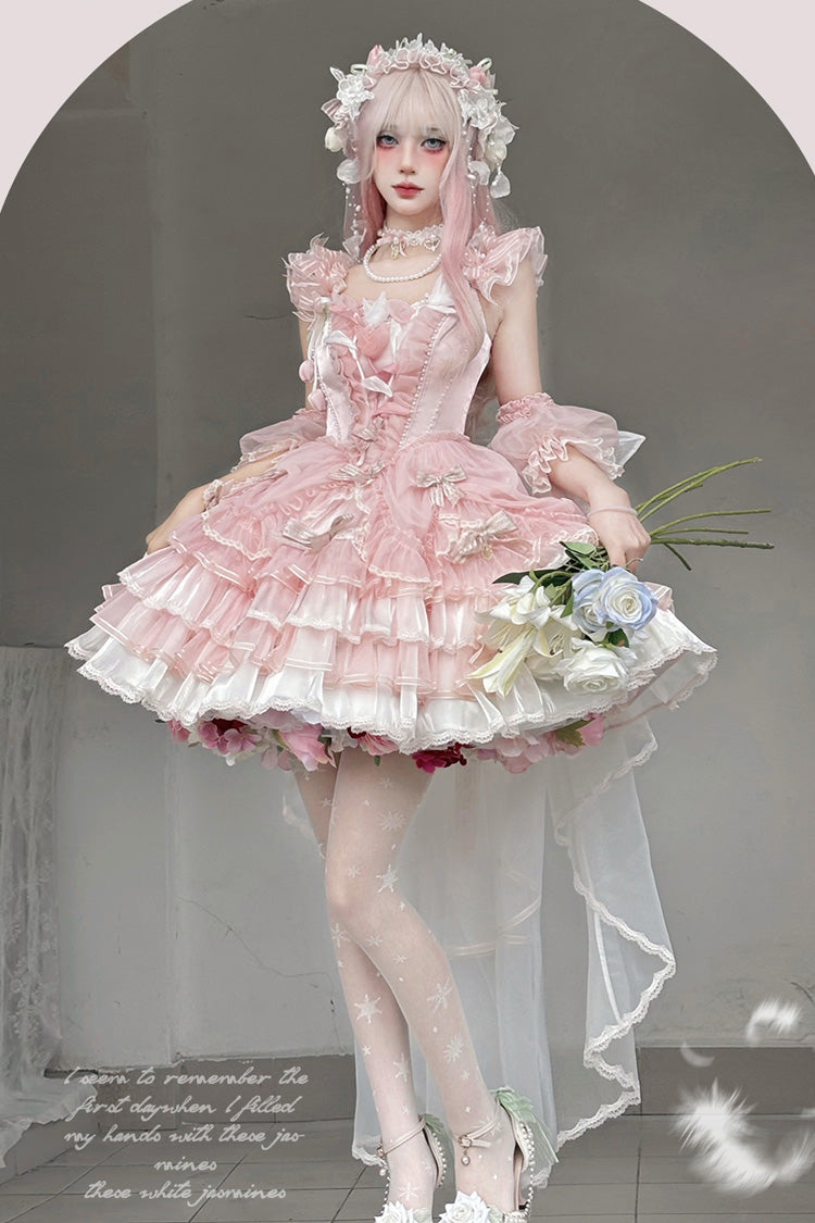 Pink Tulip and Wind Chime Multi-Layered Ruffle Bowknot Lace Sweet Gorgeous Lolita Jsk Dress