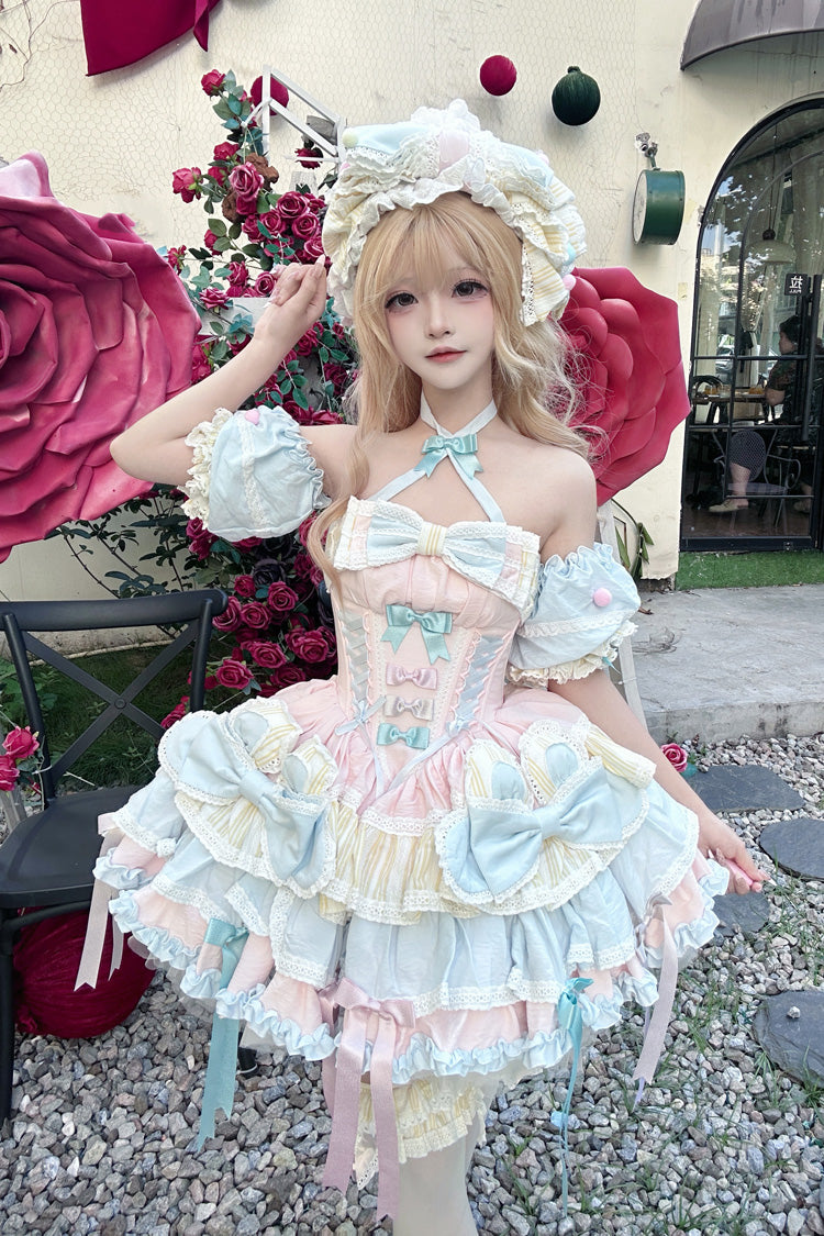 Multi-Color Ribbon Dance Multi-Layered Ruffle Bowknot Lace-Up Sweet Princess Lolita Dress