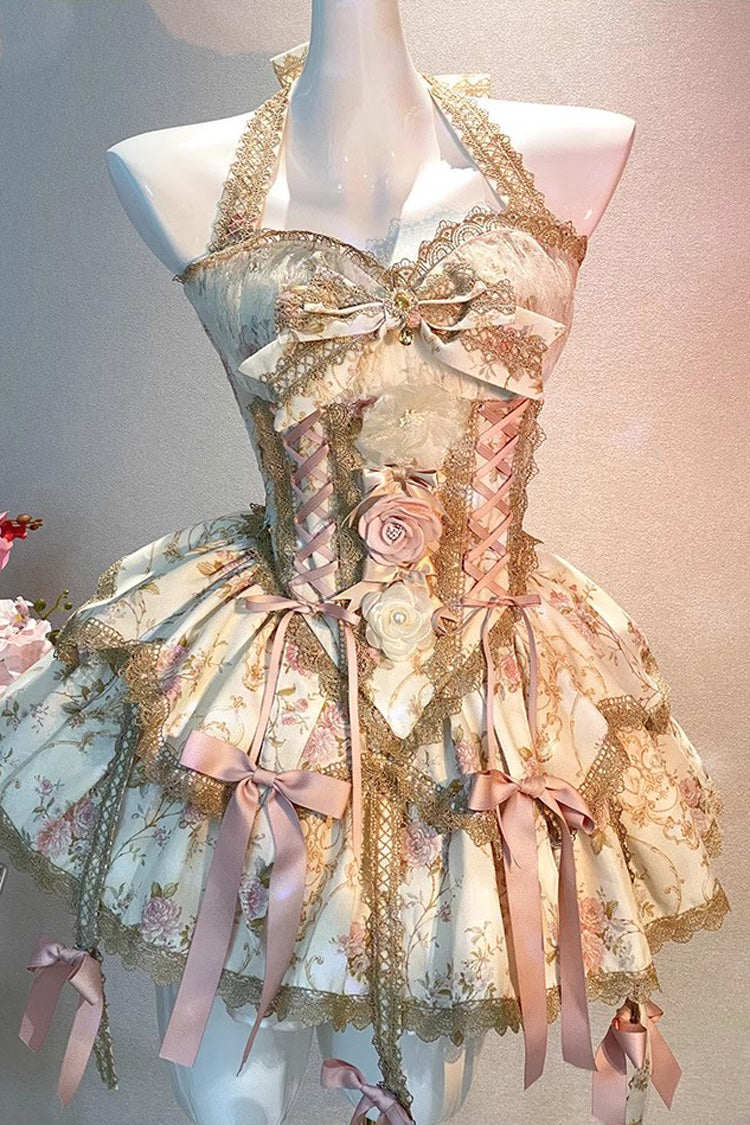 Champagne Halterneck Rich Flower Bowknot Lace-Up Sweet Gorgeous Lolita Skirt Dress Set