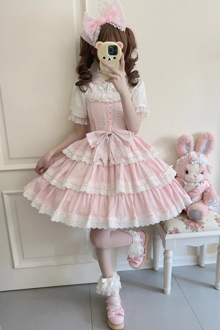 Pink Maiden Heart Triple-Layered Ruffle Bowknot Lace Sweet Lolita Jsk Dress