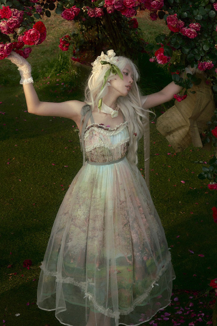 Green Oil Painting – Spring Sleeveless Print Ruffle Bowknot Lace Sweet Lolita Jsk Dress