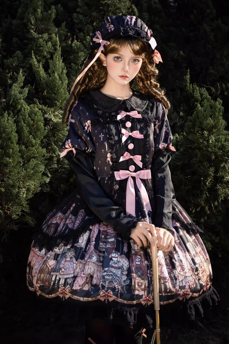 Black The Case of the Missing Lamb Print Long Sleeves Ruffle Bowknot Lace Gothic Lolita Dress
