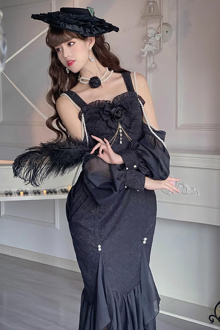 Black Camellia 1.0 Sleeveless Jacquard Ruffle Lace Gothic Chinese Style Lolita Jsk Fishtail Dress