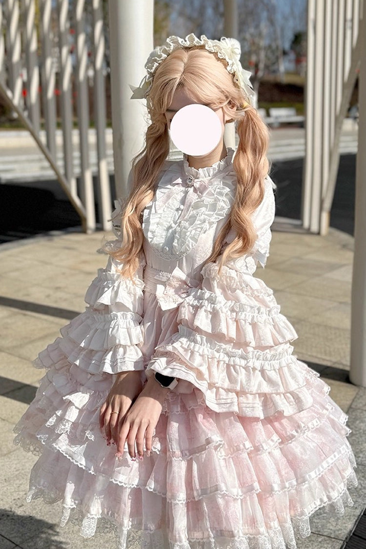 Pink The Soloist Doll Long Hime Sleeves Multi-Layered Print Ruffle Bowknot Asymmetric Sweet Lolita Dress