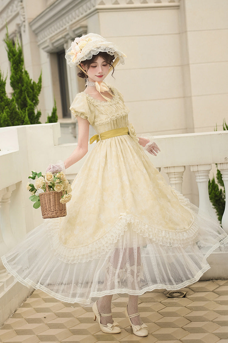Yellow Falling Flowers as a Message Square Collar Short Sleeves Print Ruffle Lace Sweet Elegant Lolita Long Dress