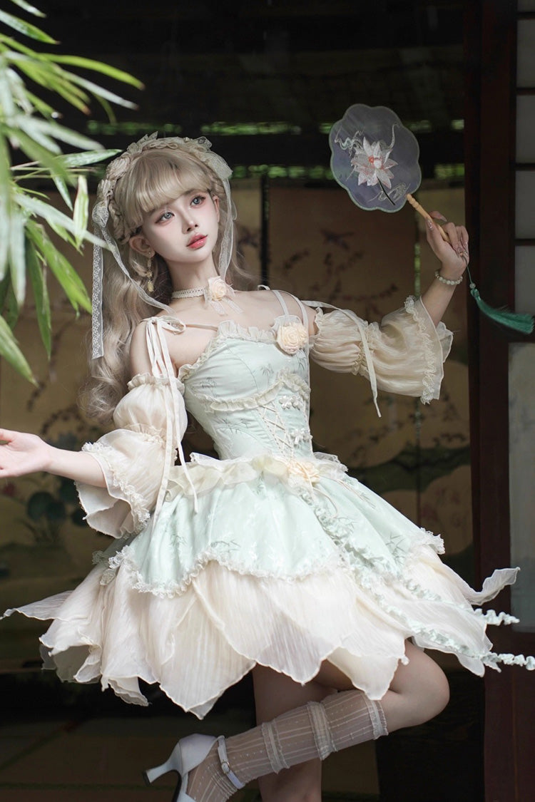 Green Tea Bamboo Song Sleeveless Print Ruffle Bowknot Sweet Chinese Style Elegant Ballet Lolita Jsk Short Dress