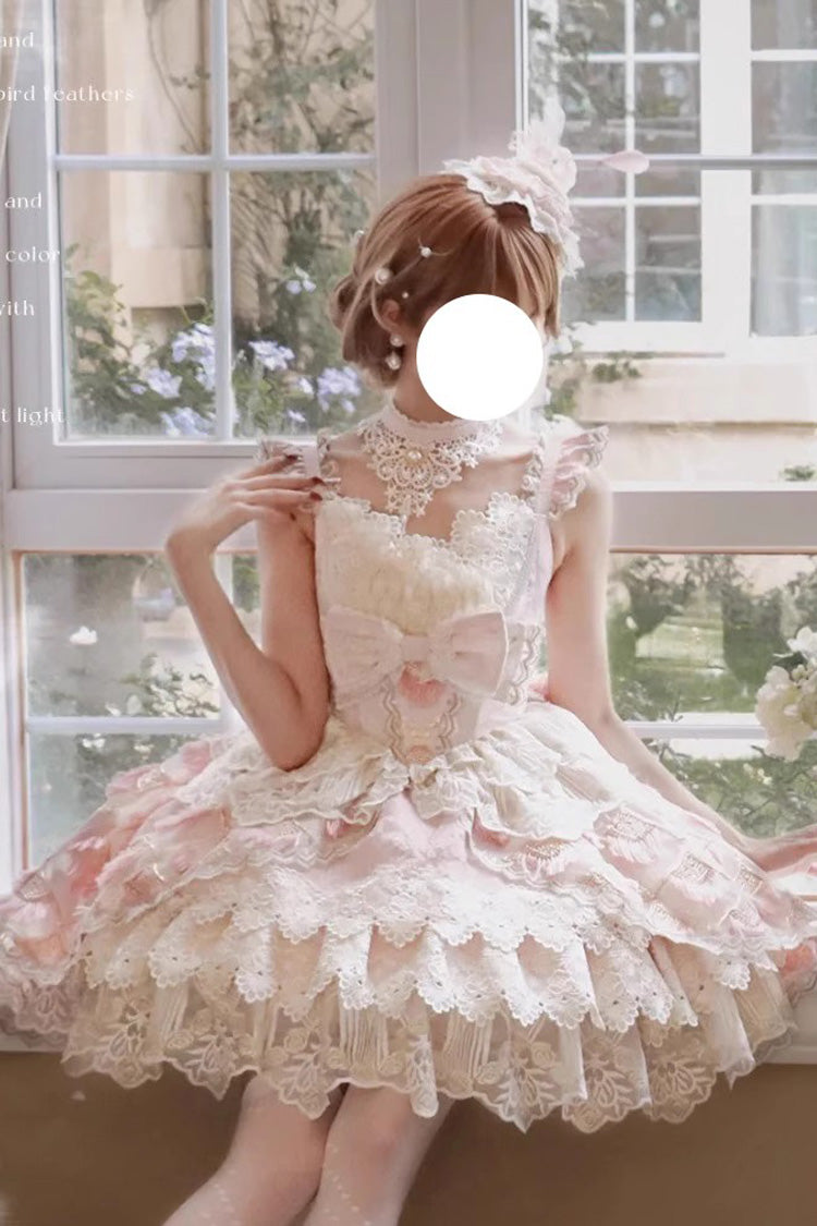Pink Peacock Feather Multi-Layered Ruffle Hanayome Cardigan Bowknot Lace Sweet Lolita Jsk Dress Set