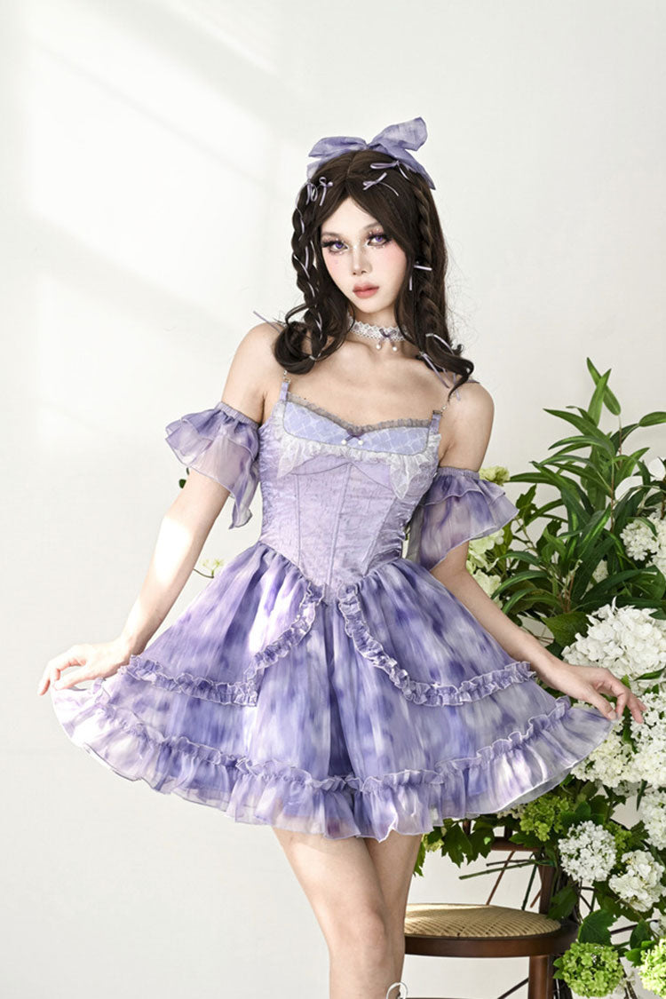Blue Ruffle Lace Tie-dyed Print Fake Two Pieces Sweet Princess Jsk Dress