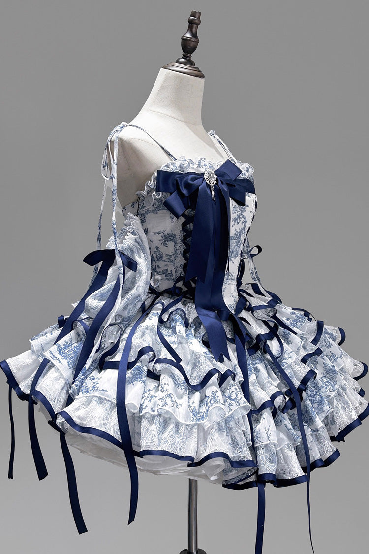 Blue/White Sleeveless Multi-Layered Print Bowknot Fishbone Sweet Classic Chinese Style Lolita Jsk Short Dress