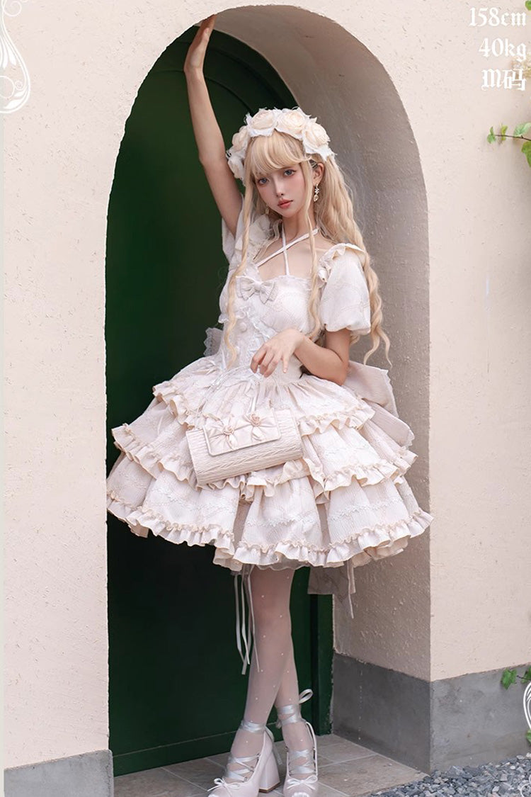 Champagne Square Collar Short Sleeves Triple-Layered Ruffle Bowknot Sweet Lolita Dress