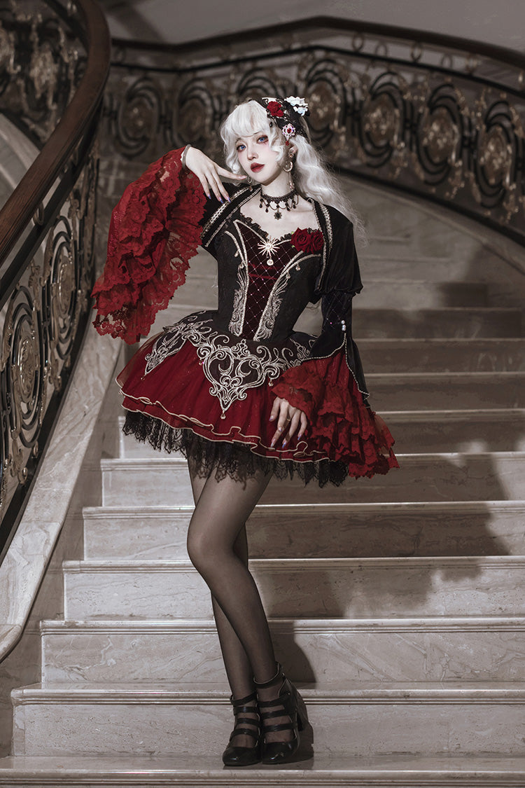 Black/Red Blood Clan Feast Ruffle Embroidery Lace Gothic Lolita Jsk Dress Set