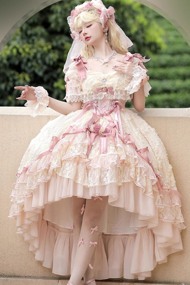 Pink Diane Rose Short Sleeves Multi-Layered Jacquard Ruffle Hanayome Cardigan Bowknot Lace Sweet Lolita Dress
