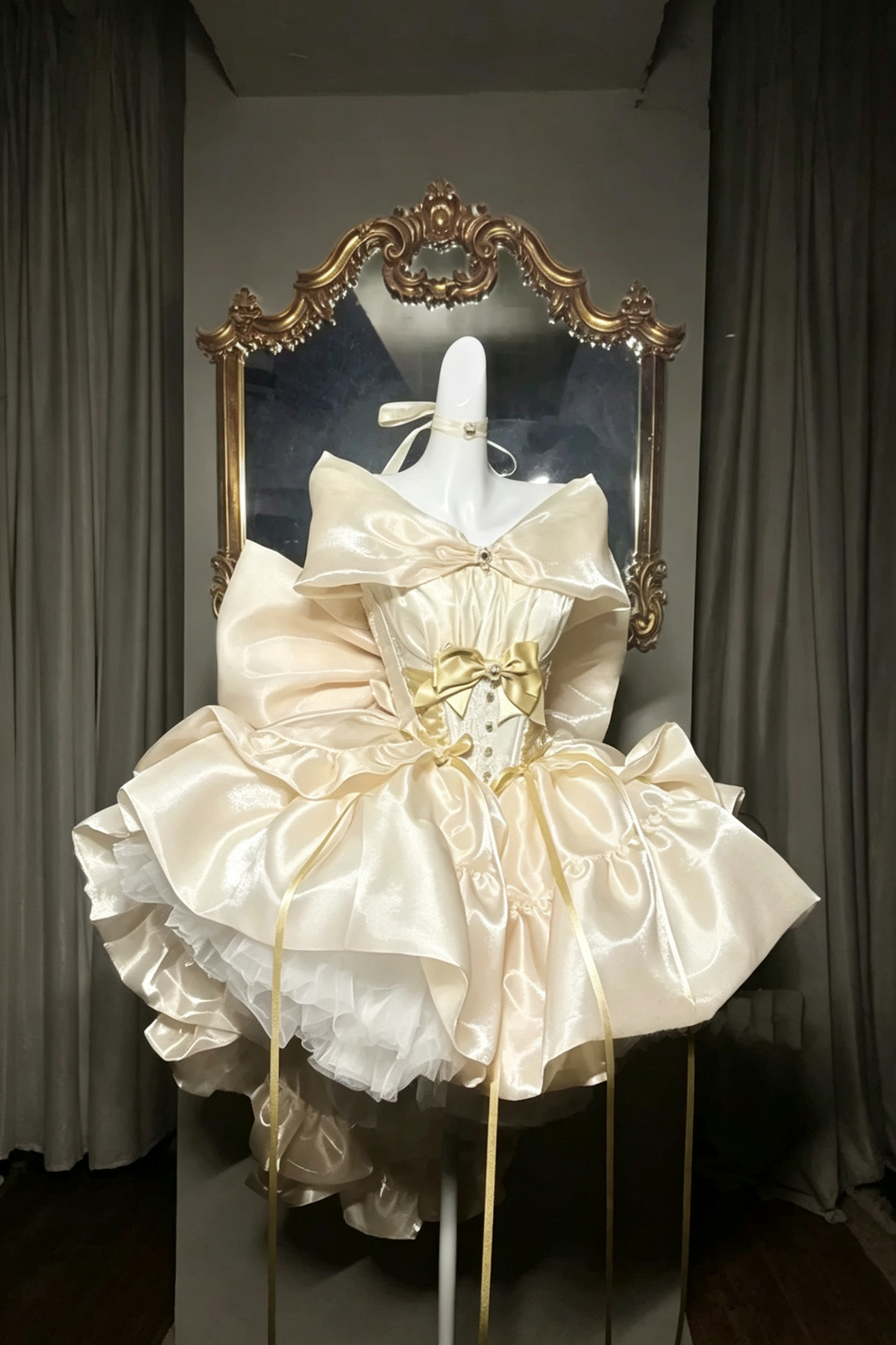 Champagne Beige Corset Layered Ruffled High-Low Large Bow Sweet Princess Lolita JSK Dress