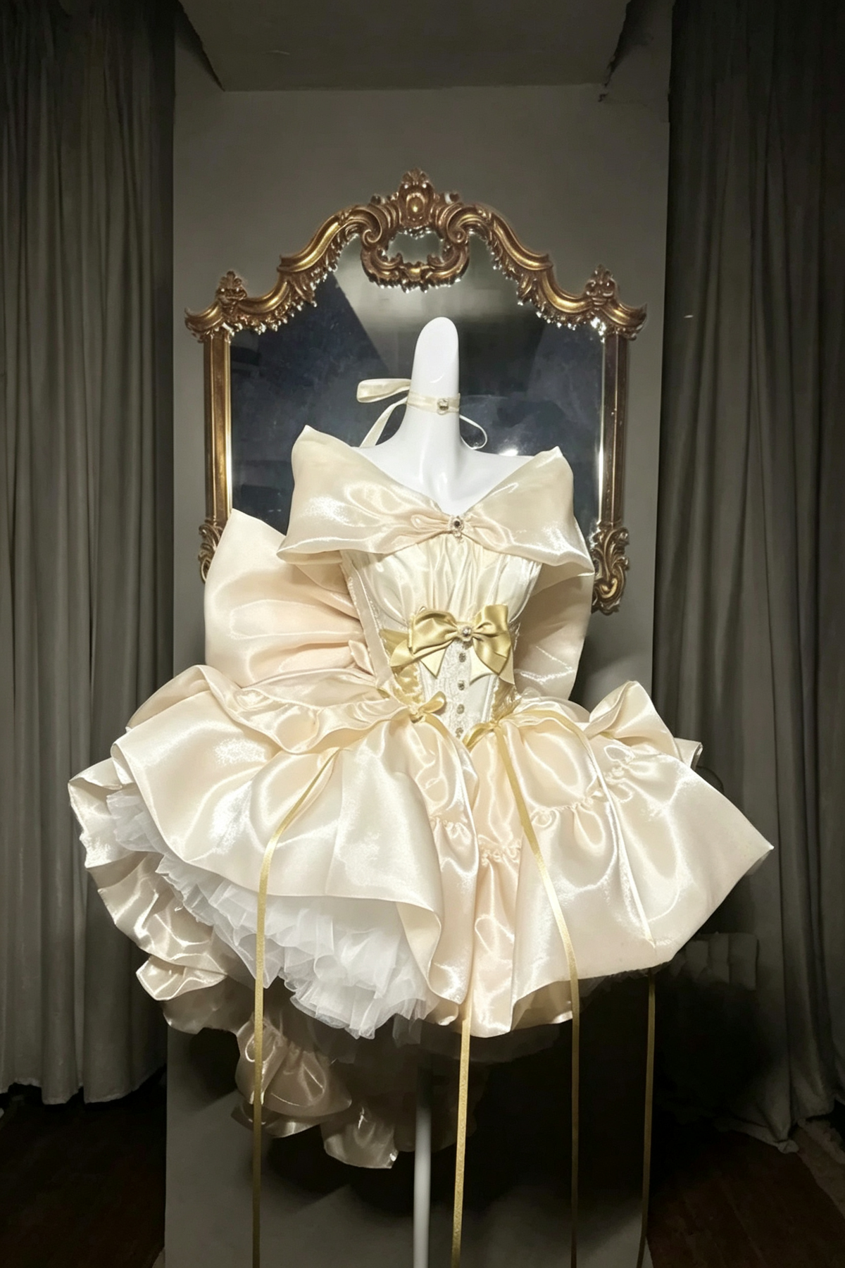 Champagne Beige Corset Layered Ruffled High-Low Large Bow Sweet Princess Lolita JSK Dress