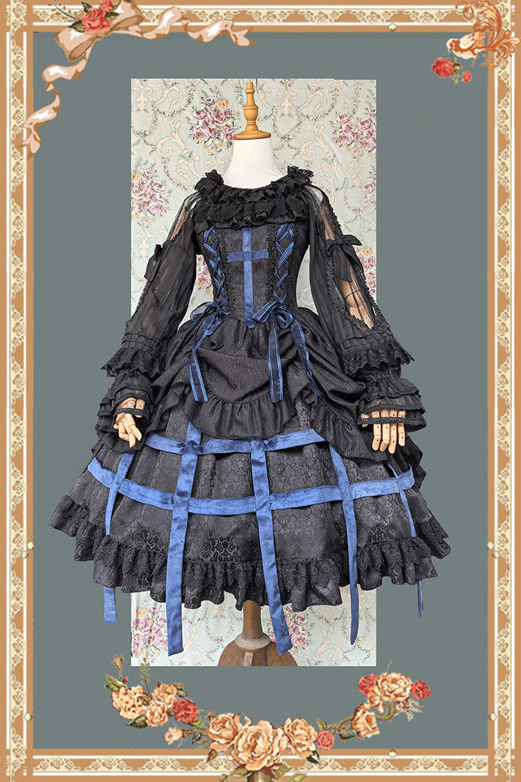 Lilith's Cage Sleeveless Print Ruffle Bowknot Lace-Up Gothic Elegant Lolita Jsk Dress 2 Colors