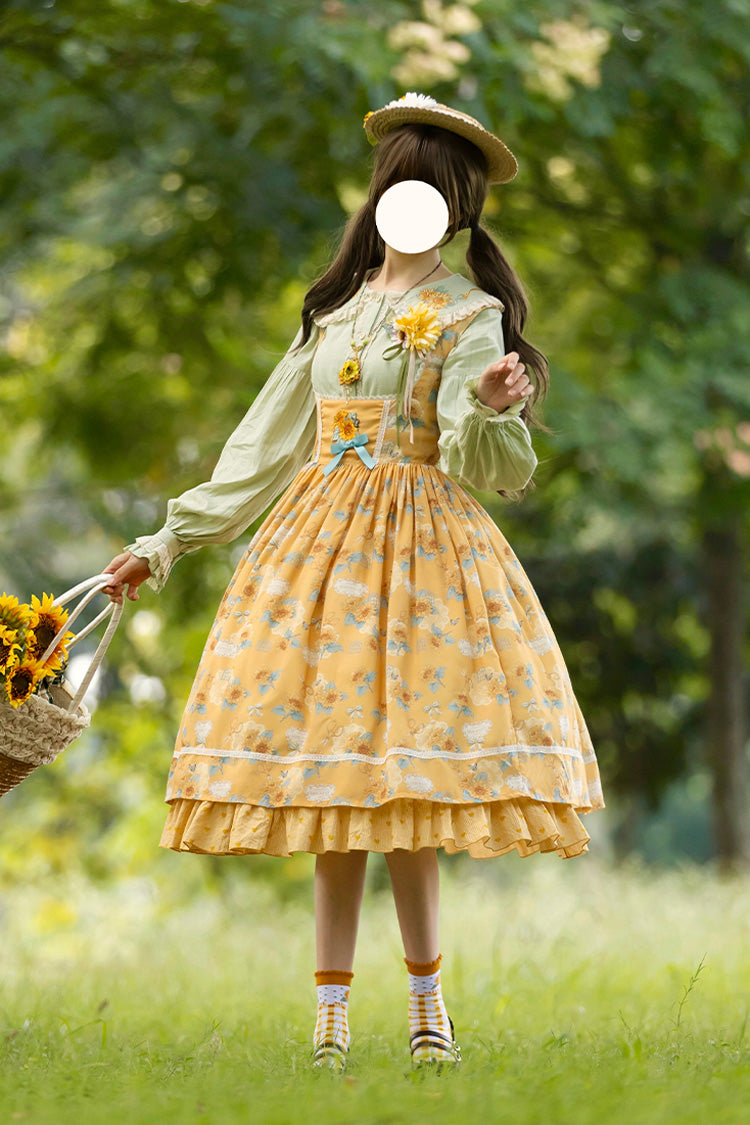 Yellow Gardening Sunflower Sleeveless Print Ruffle Bowknot Sweet Elegant Uplift Lolita Jsk Dress