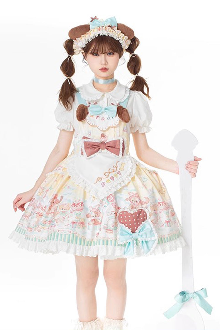Multi-Color Sweet Pet Paradise Print Ruffle Bowknot Vintage Lolita Strap Dress