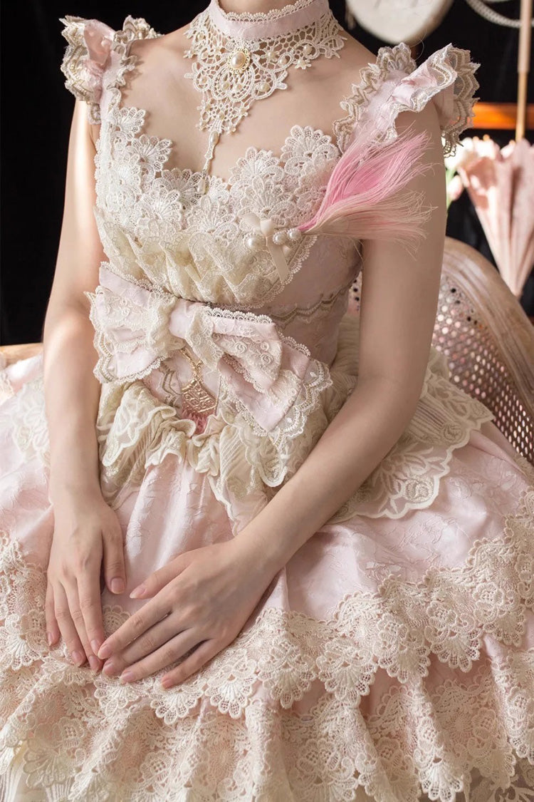 Pink Peacock Feather Multi-Layered Ruffle Hanayome Cardigan Bowknot Lace Sweet Lolita Jsk Dress Set