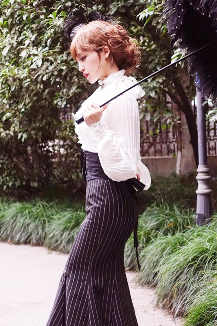 Black Lorelei Double-Layered Striped Print Ruffle Gothic Elegant Lolita Mermaid Maxi Skirt