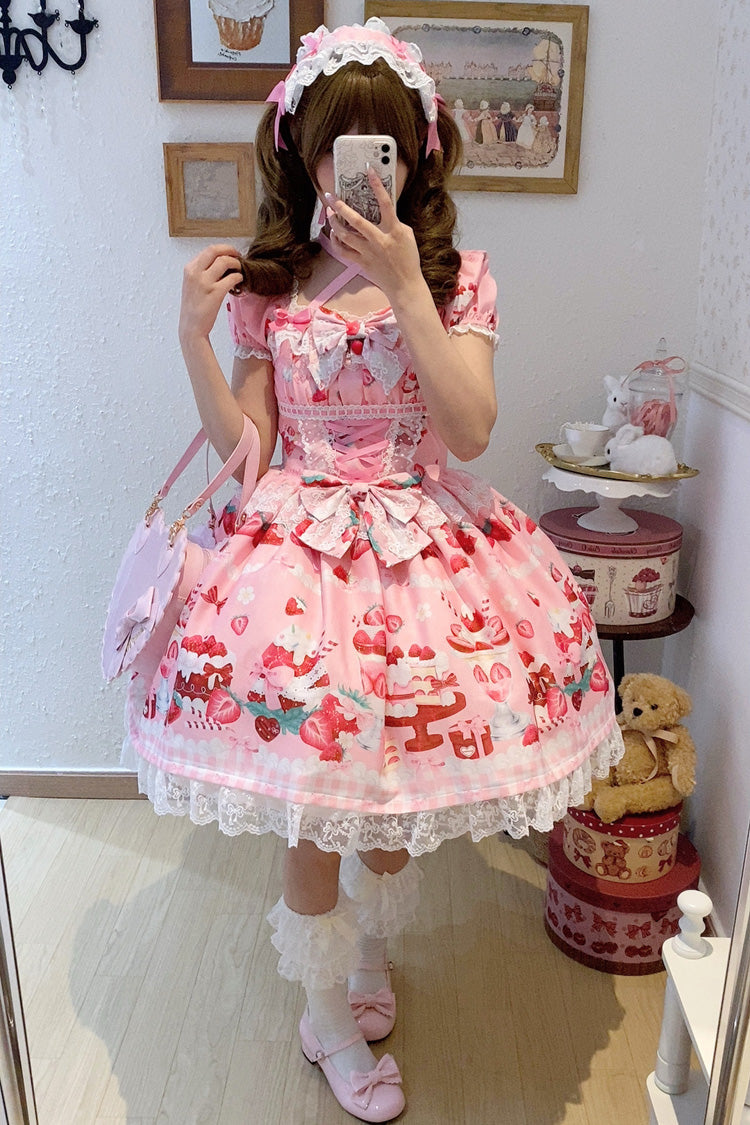 Pink Strawberry Parfait Print Short Sleeves Ruffle Bowknot Lace Lace-Up Sweet Lolita Dress